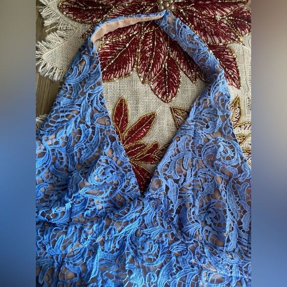 The Jetset Diaries Mini Dress Womens Sz Small Blue Halter Neck Lace Embroidered - Picture 11 of 14